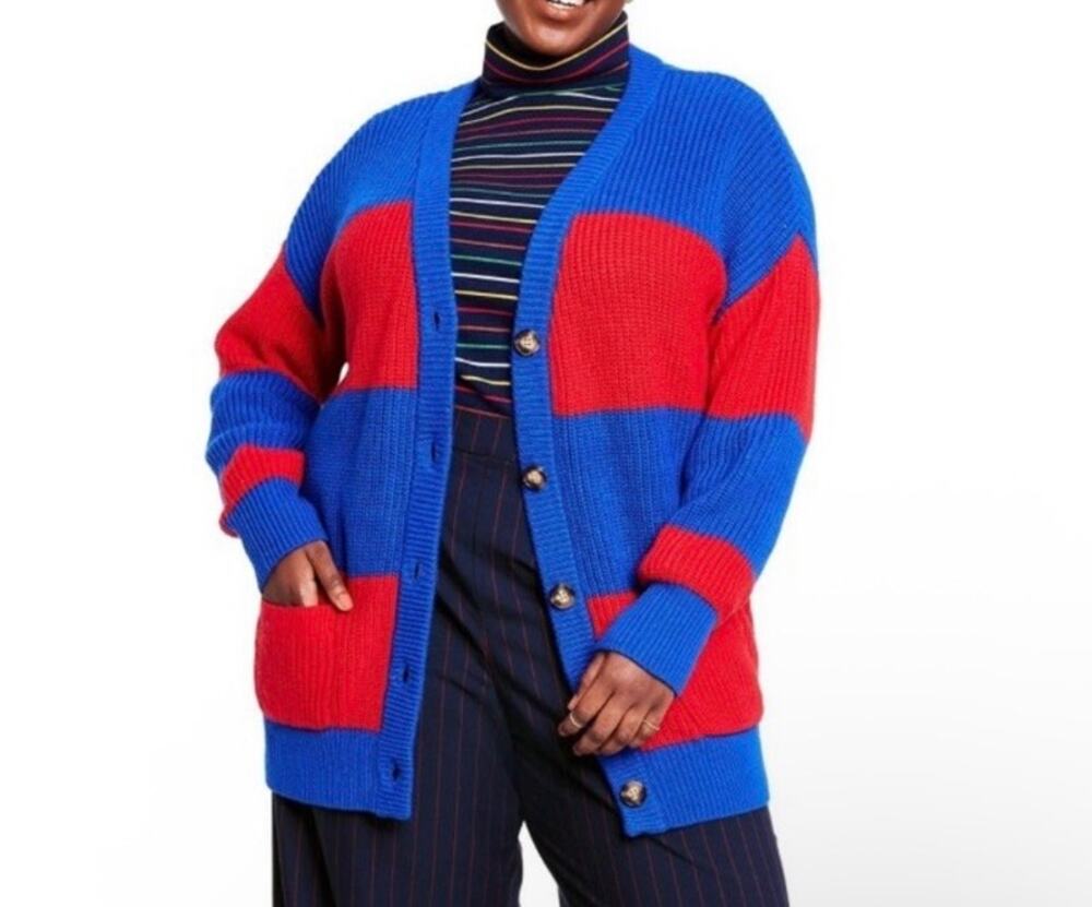 La Ligne x Target Sz XL Colorblock Rugby Cardigan Sweater Chunky Knit Red Blue